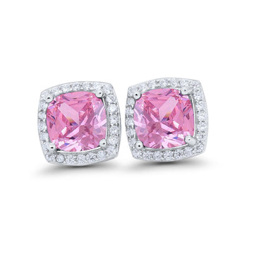 Halo Cushion Bridal Earrings Simulated Pink CZ 925 Sterling Silver
